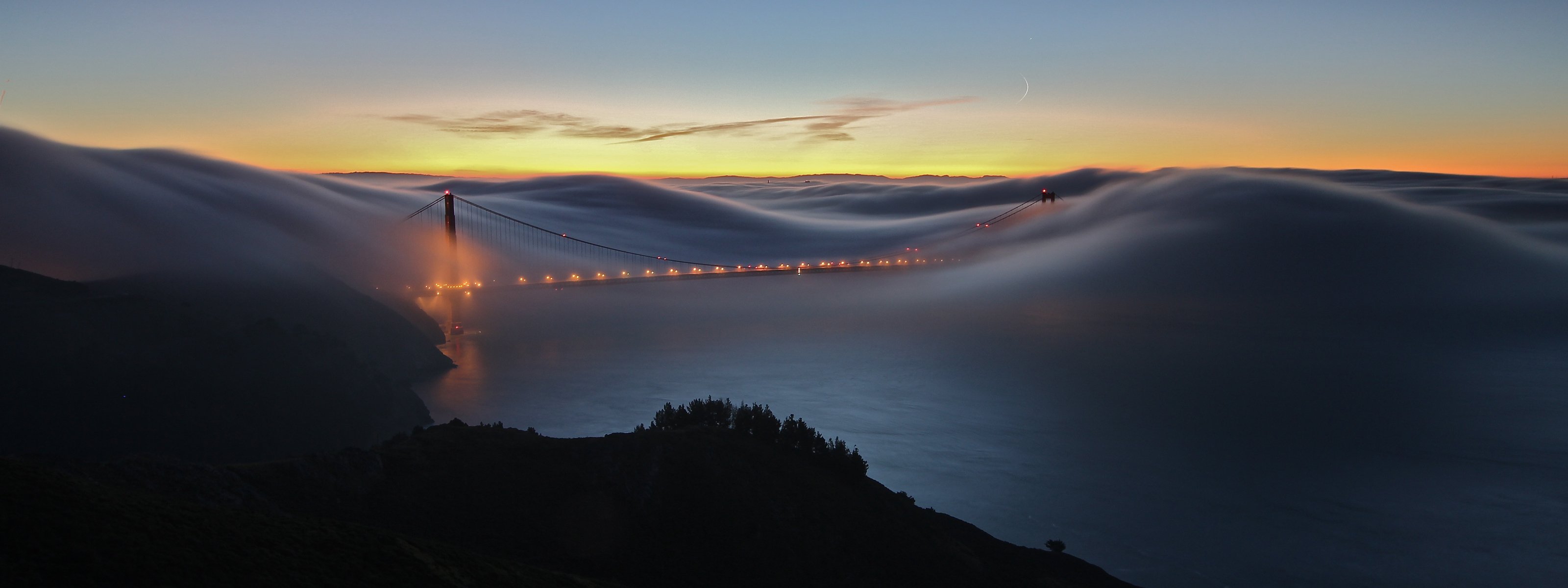 cities countries places fogs bridges america states usa trees sky moon month twilight evening light lights road roads ocean water sea