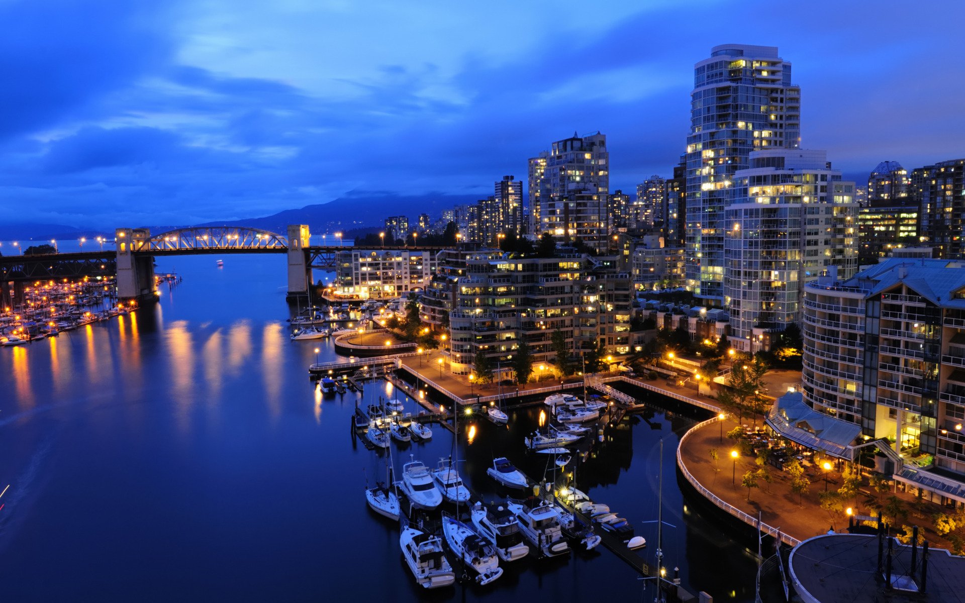 cities view night sea ocean canada north vancouver ships boats boats houses lights life residents north