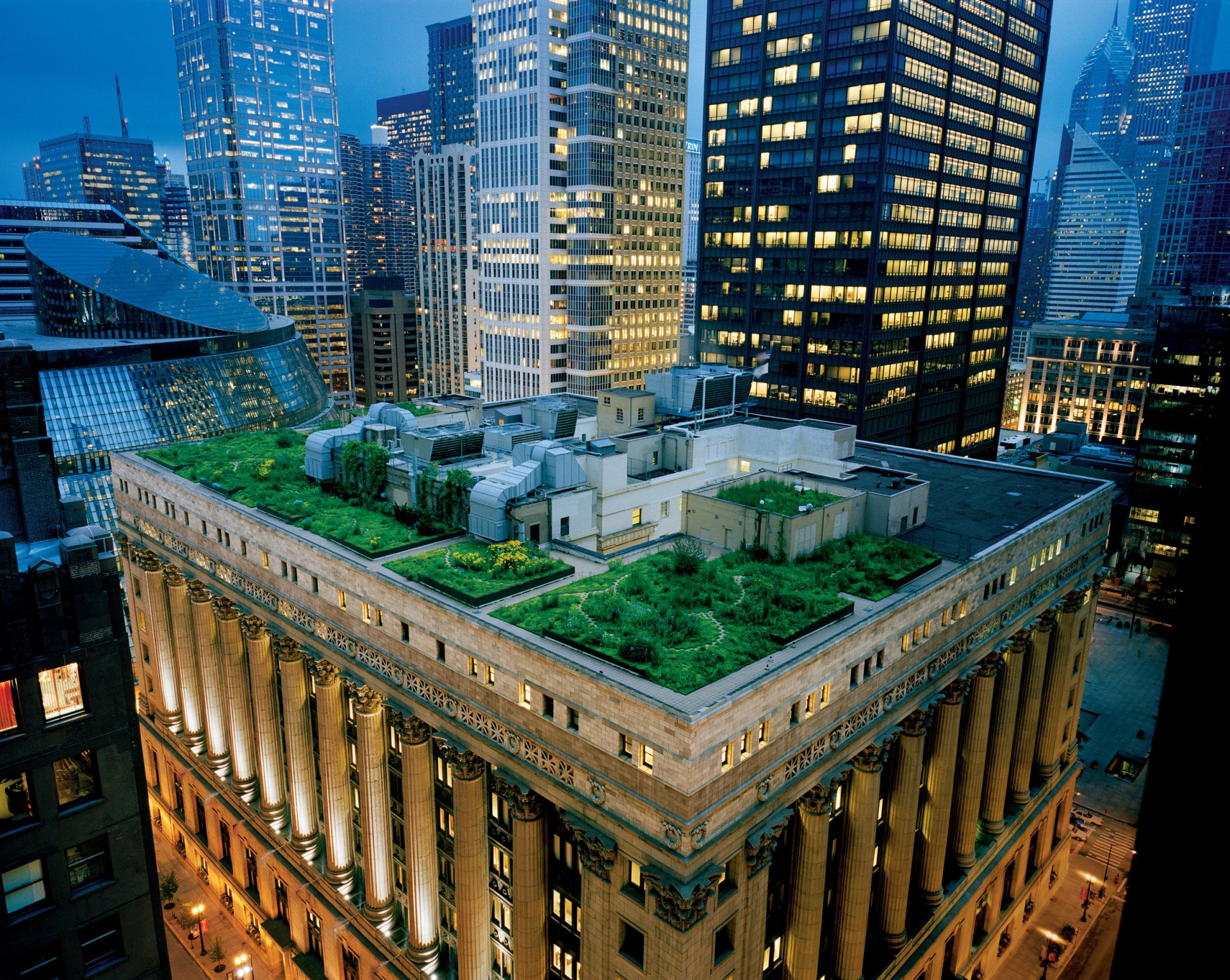 architecture roof terrace garden skyscrapers evening usa chicago