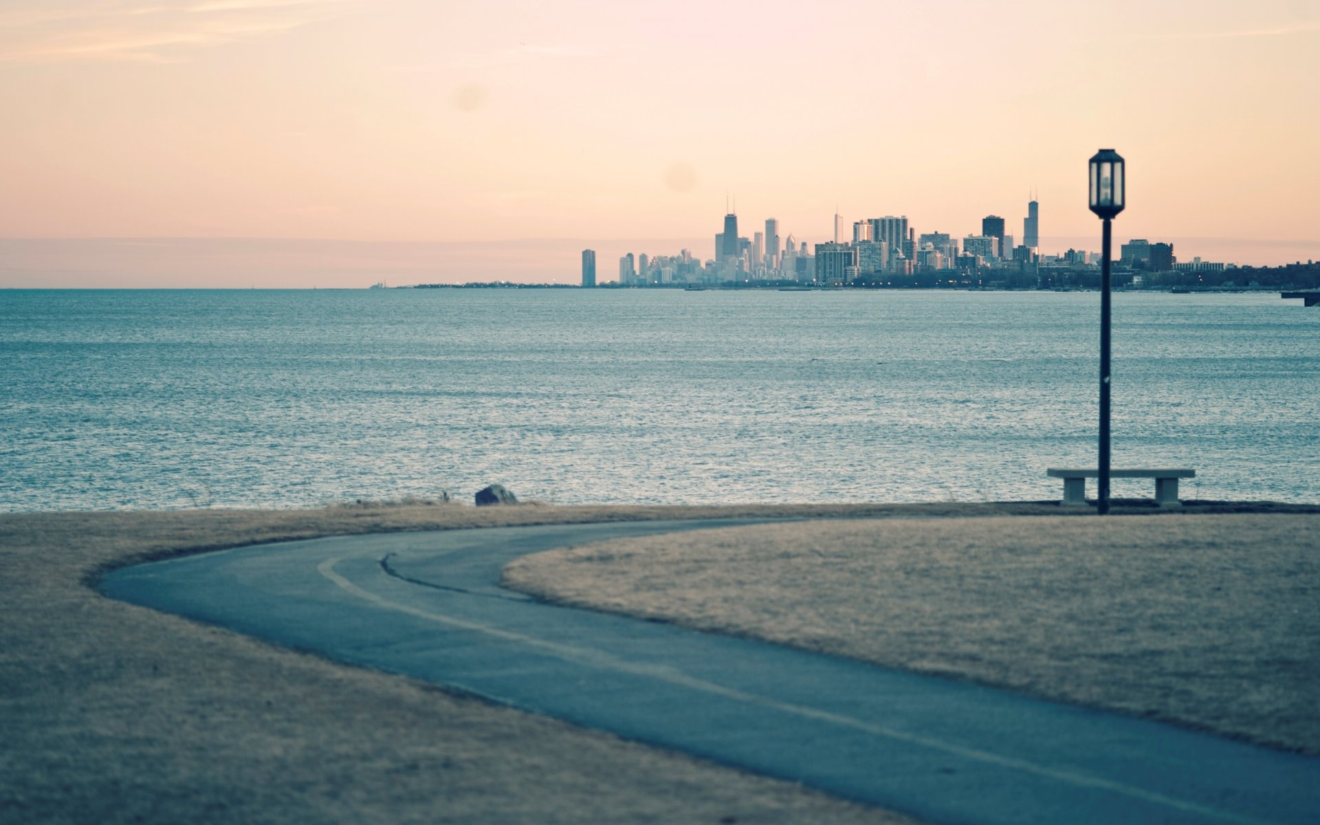 city road shop pond horizon skyscrapers buildings background wallpaper