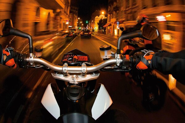 View of the motorcycle steering wheel when riding