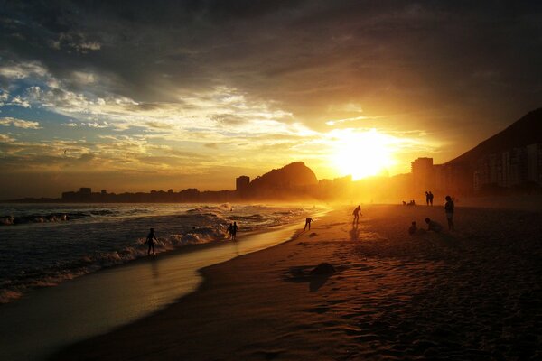 Sunset background on the beach in rio de janeiro