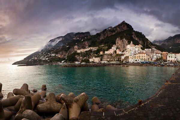 Amalfi coast and mountains in fog