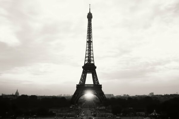 Photographie en noir et blanc de la tour Eiffel