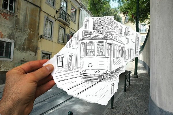 A hand-drawn tram on a city street