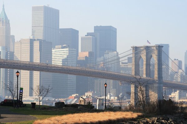 The long bridge in America against the background of dawn