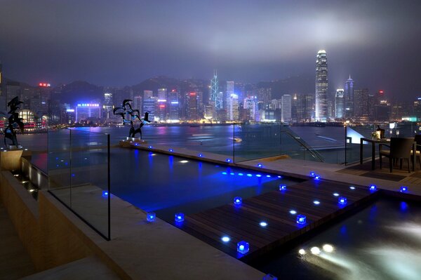 Pool at night with city view