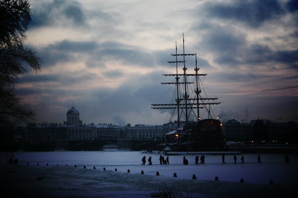 A ship in winter in snow-covered St. Petersburg