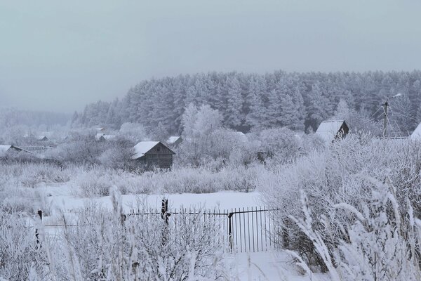 Paisaje de invierno con bosque y chatarra en el borde