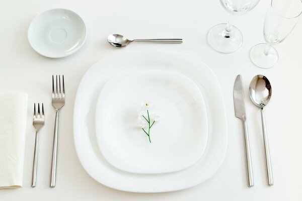 Blume auf einem weißen Teller auf einem weißen Tisch mit Geräten
