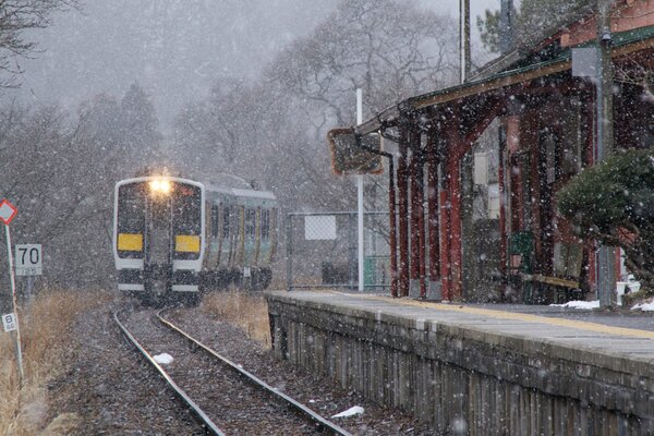 Fakushima Prefecture. Snow in Japan. Train approach