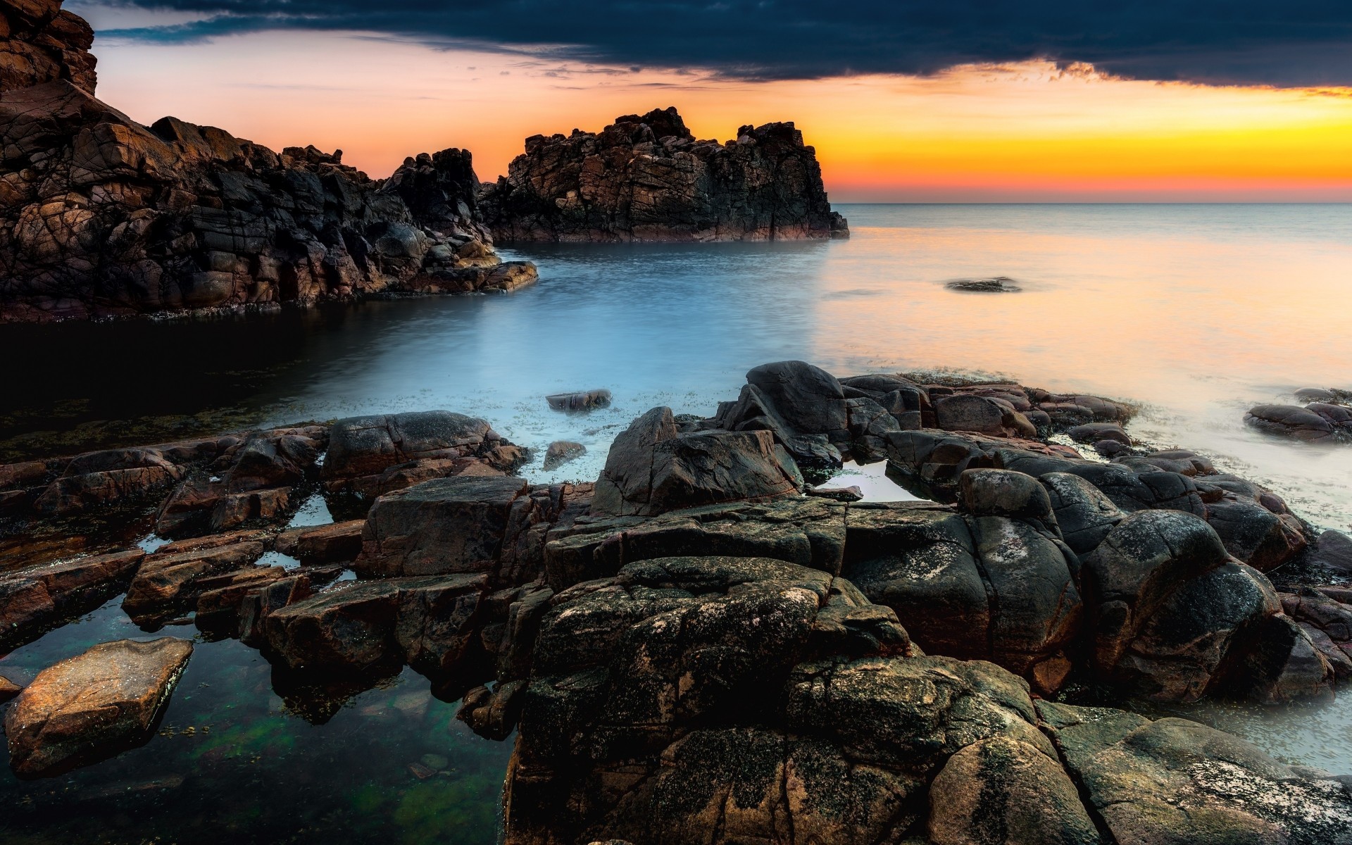 coucher de soleil paysage nature suède côte côte mer roches roches