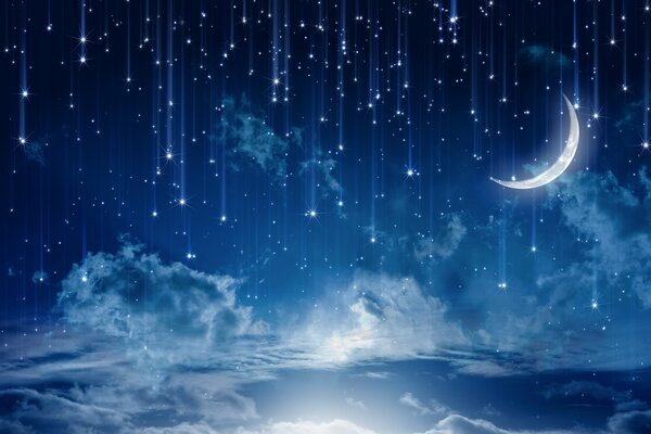 Cielo nocturno con la Luna en el fondo de las estrellas fugaces