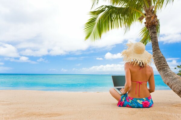 A woman in a hat sits by the sea on the sand