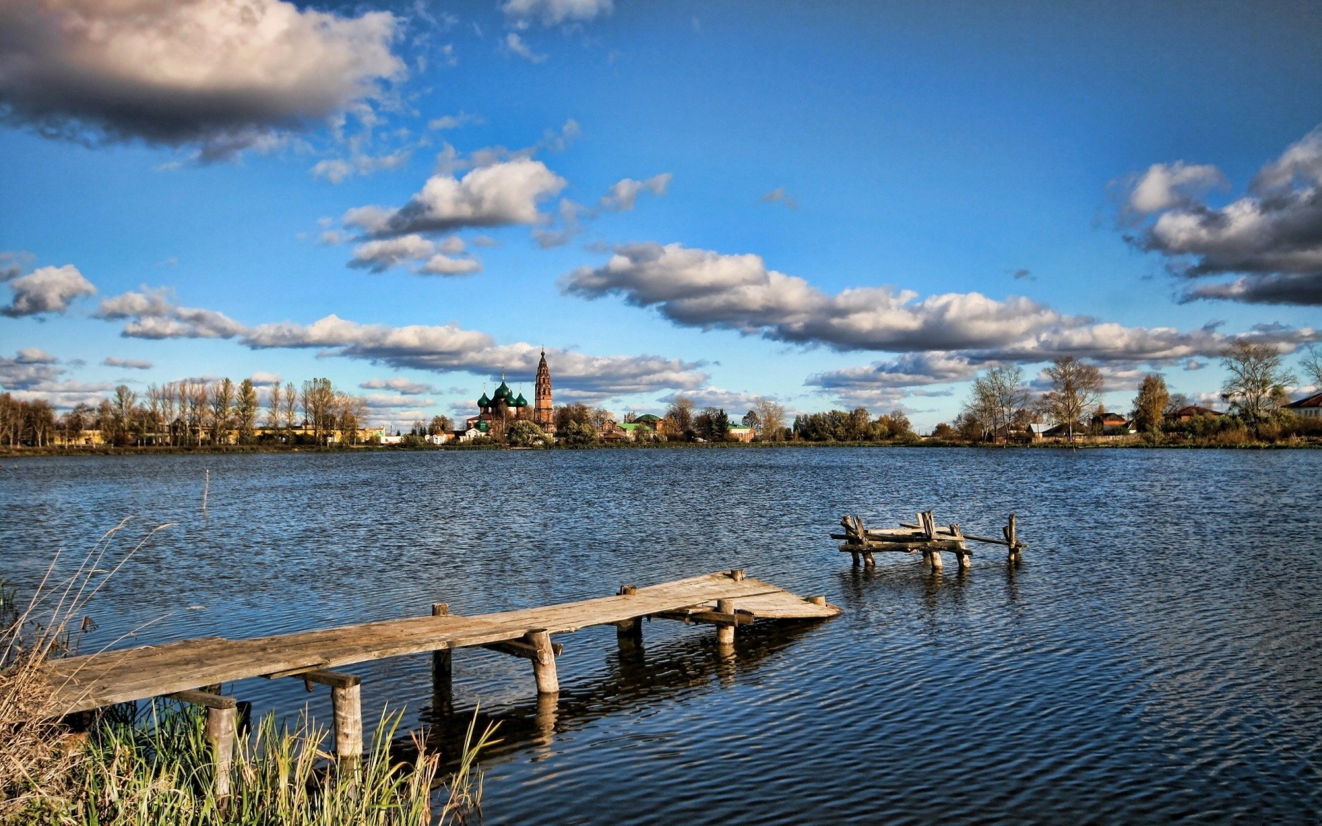 panorama lago nubes puente cielo azul naturaleza verano