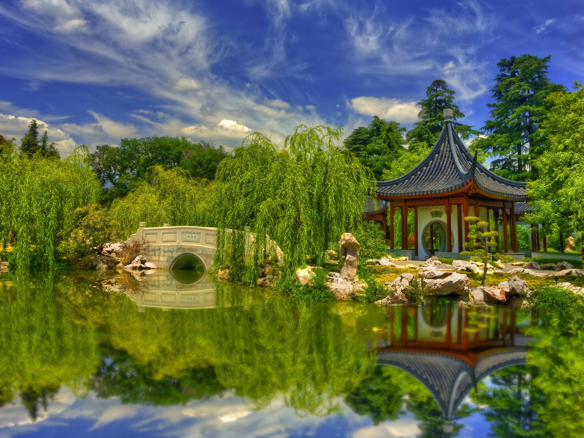 landschaft teich china brücke reflexion botanisch garten