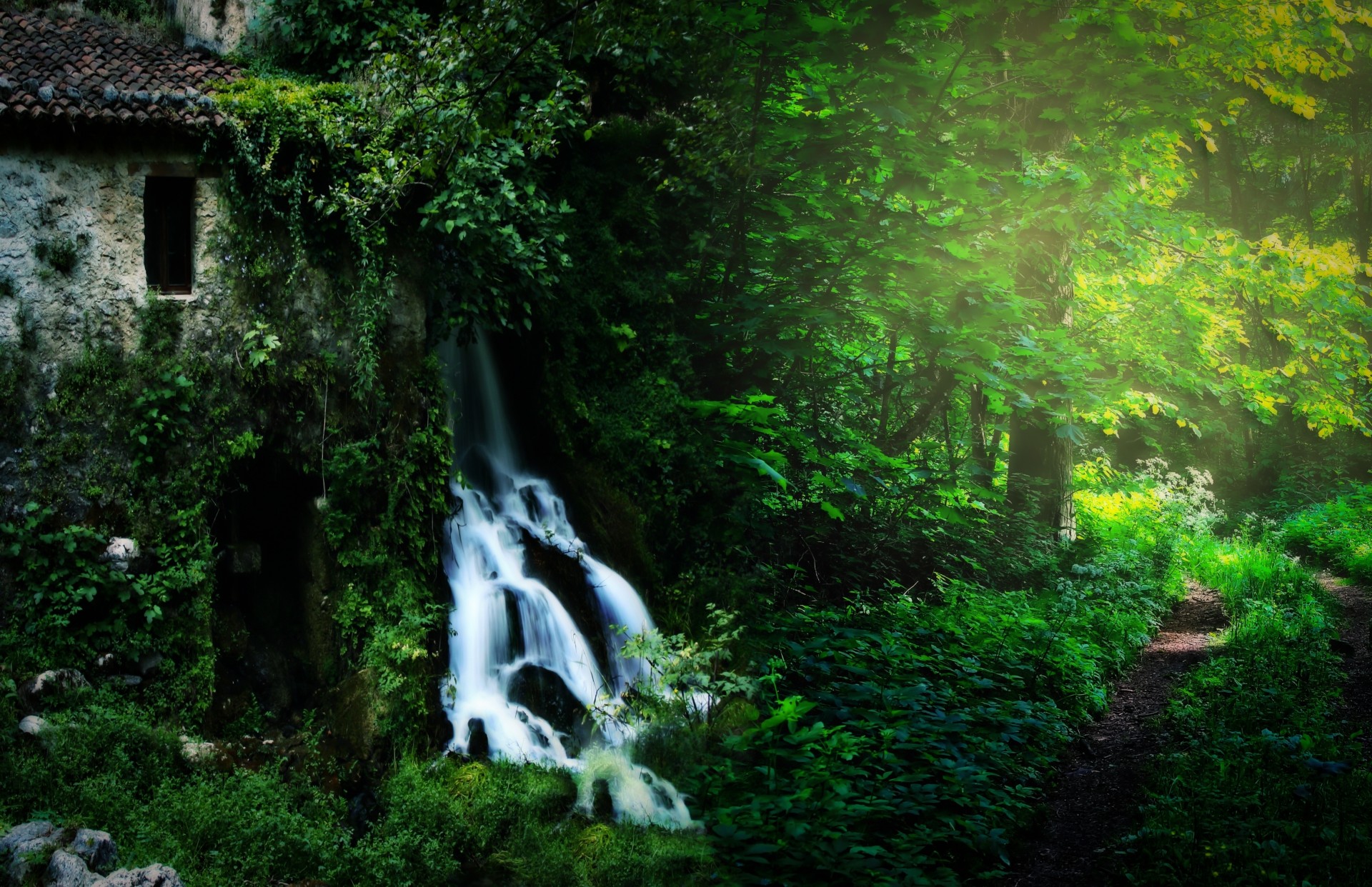 building landscape forest waterfall nature