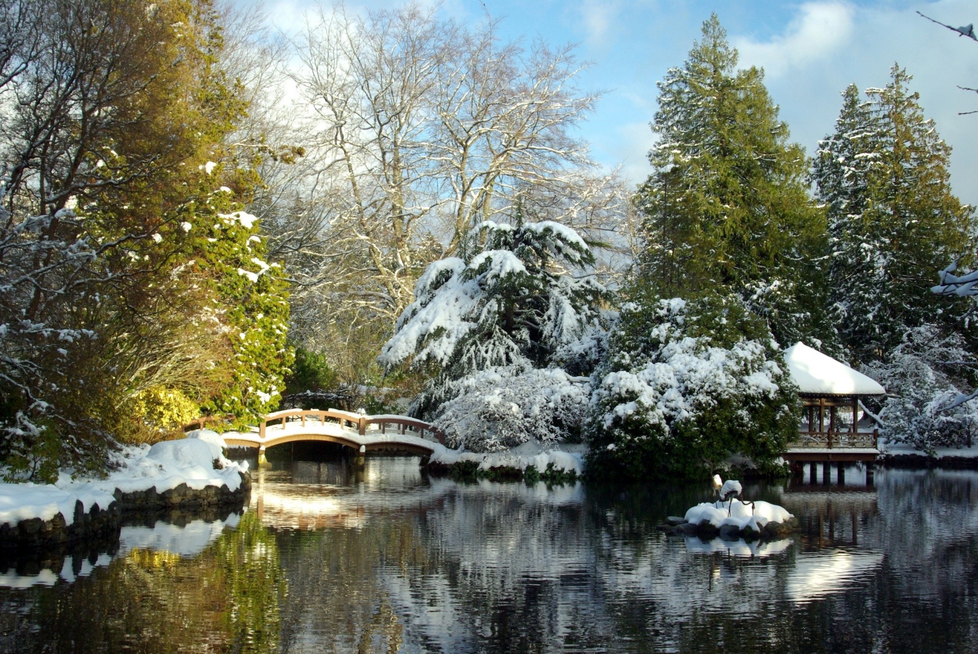 puente paisaje cenador lago árboles tokio nieve jardín