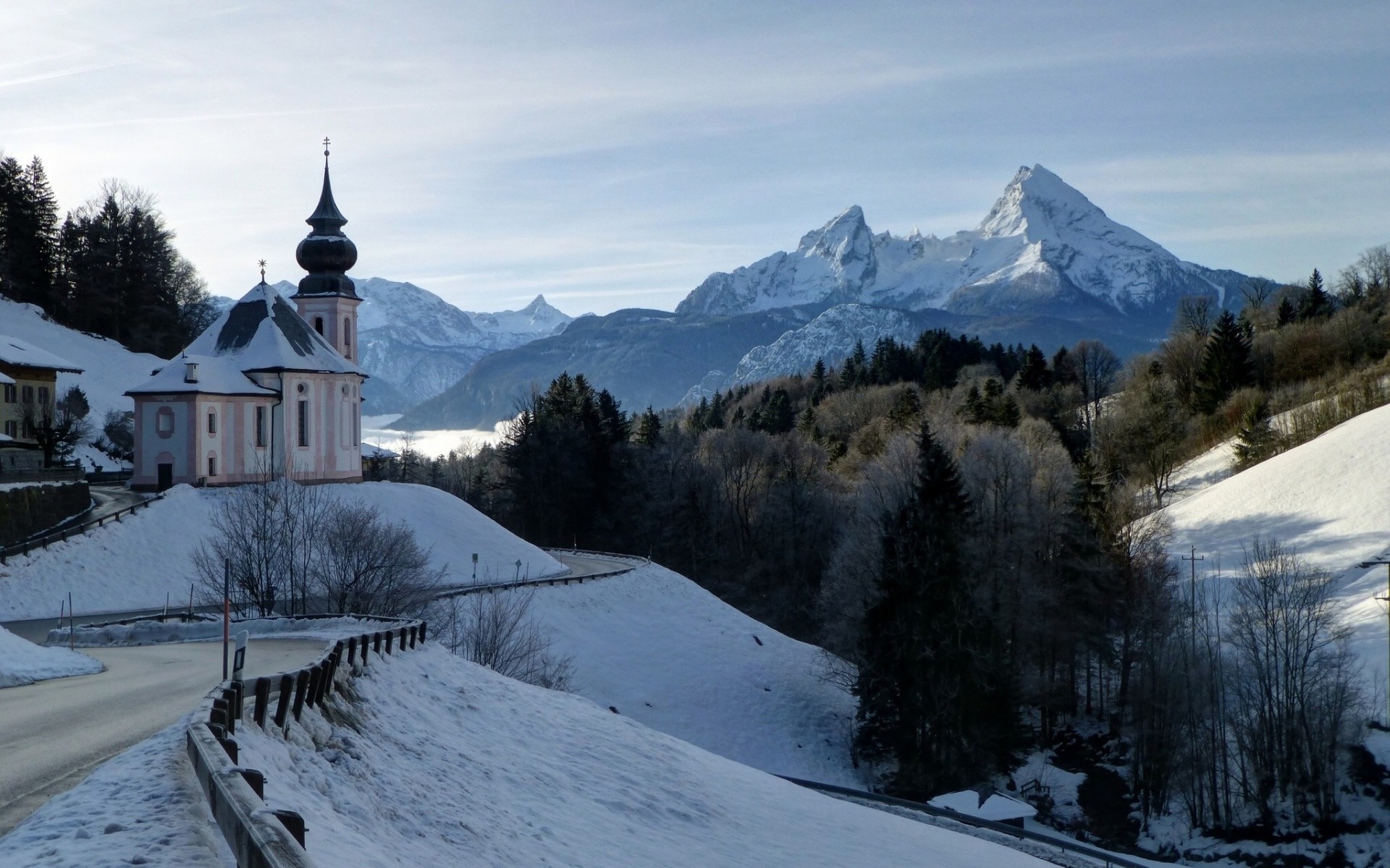 bavarian alps church berchtesgaden landscape maria gern church alps forest bavaria road germany repair mountains watzmann mountain winter