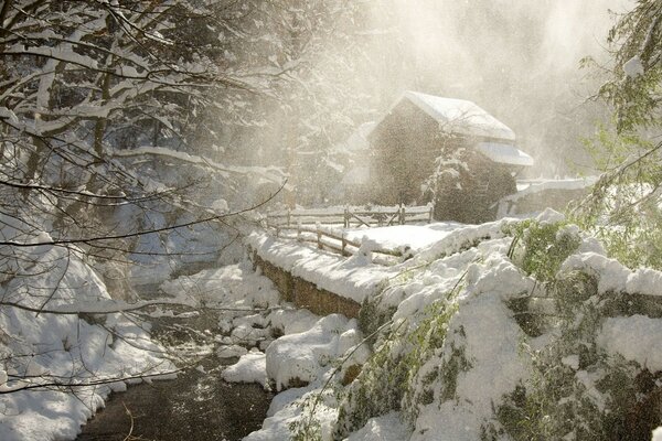 Casa en el fondo de un bosque cubierto de nieve y un río