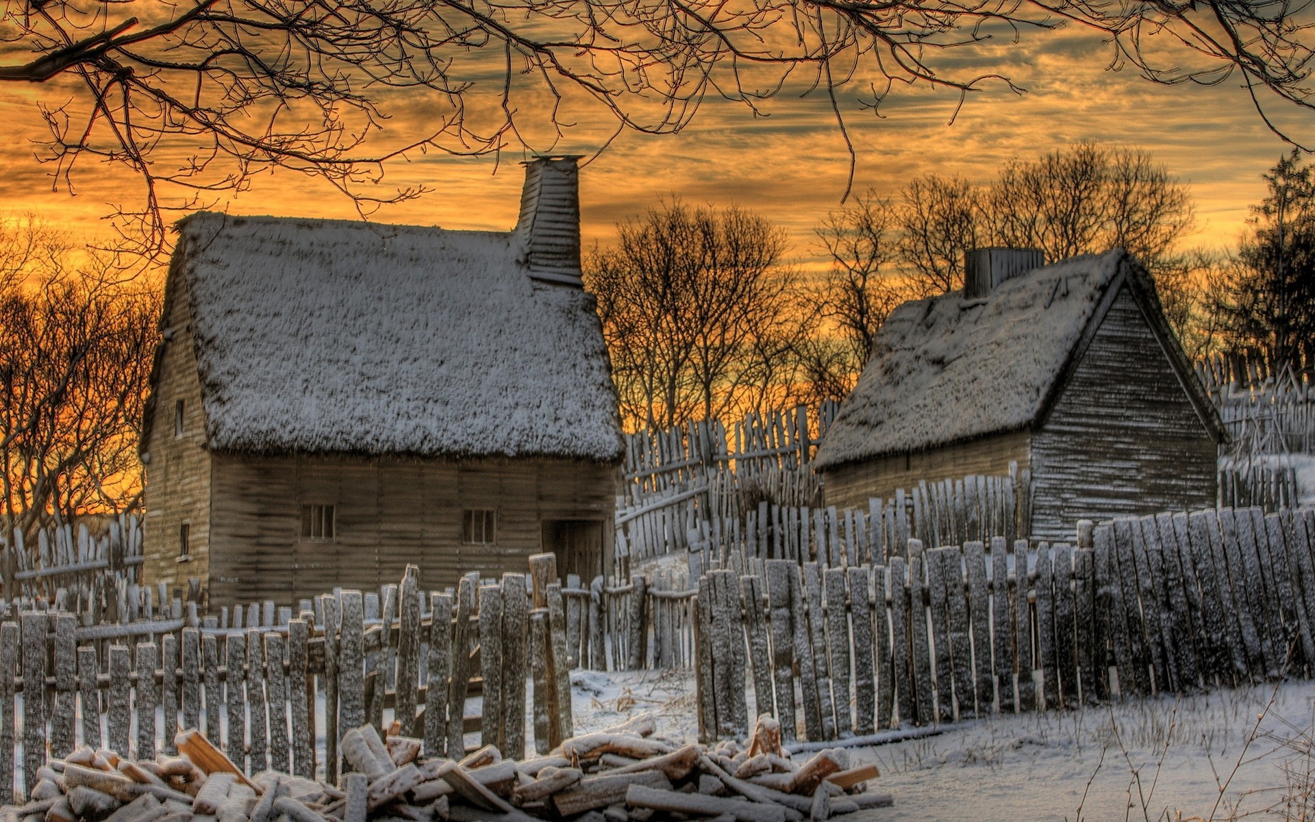 coucher du soleil gel arbres ciel neige maison hiver paysage