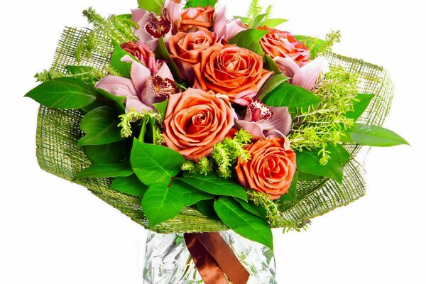 Beautiful bouquet with roses and orchids