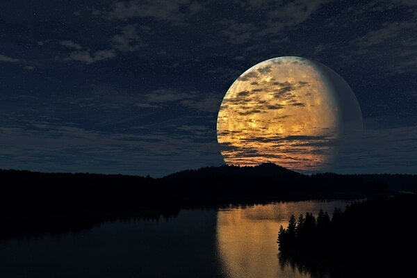 The big moon is reflected in the night lake