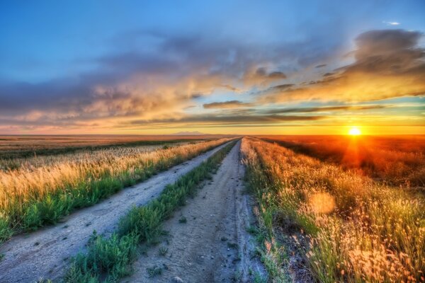 The road to the valley of the field on the background of sunset