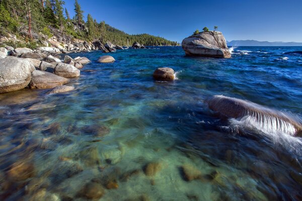 Lake Tahoe with rocks by the shore