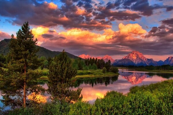 Beautiful view of the river bank against the background of mountains