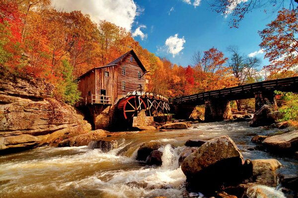 Foto de otoño del molino junto al río