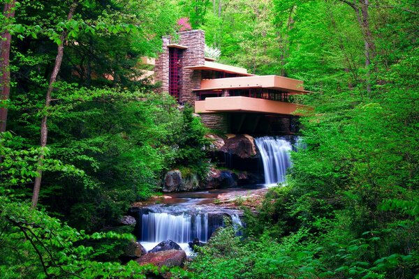 ÖKO-Haus inmitten eines grünen Waldes mit Wasserfall