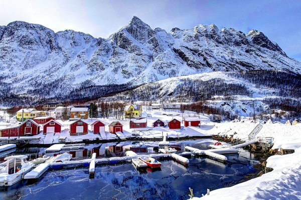 Mountain winter resort on the lake