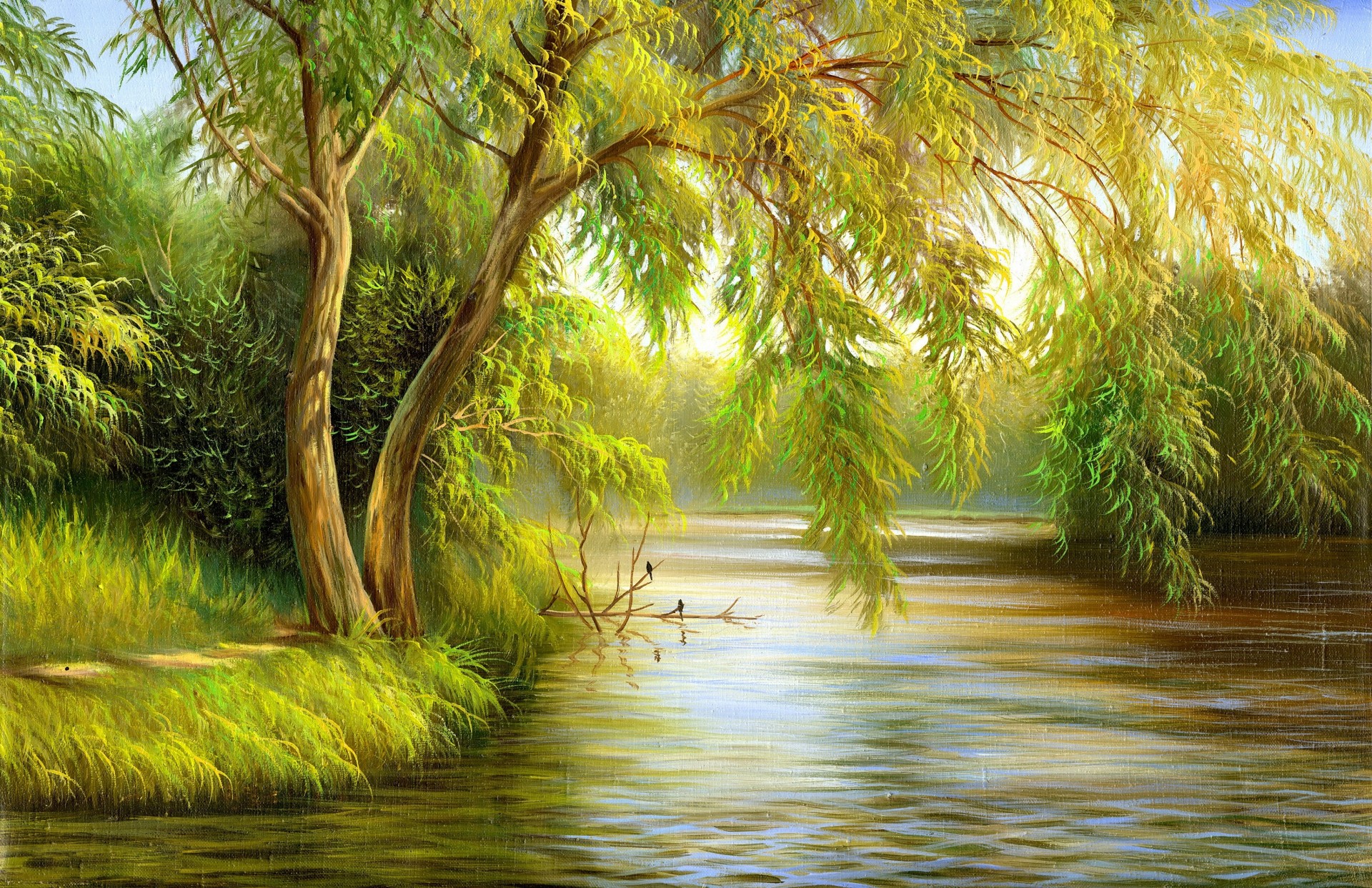 verde pintura lienzo naturaleza árbol río