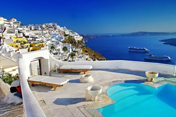 Santorini Greco, paesaggio della casa vicino al mare