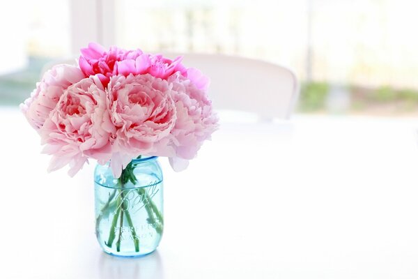 Pivoines délicates dans un vase sur une table blanche