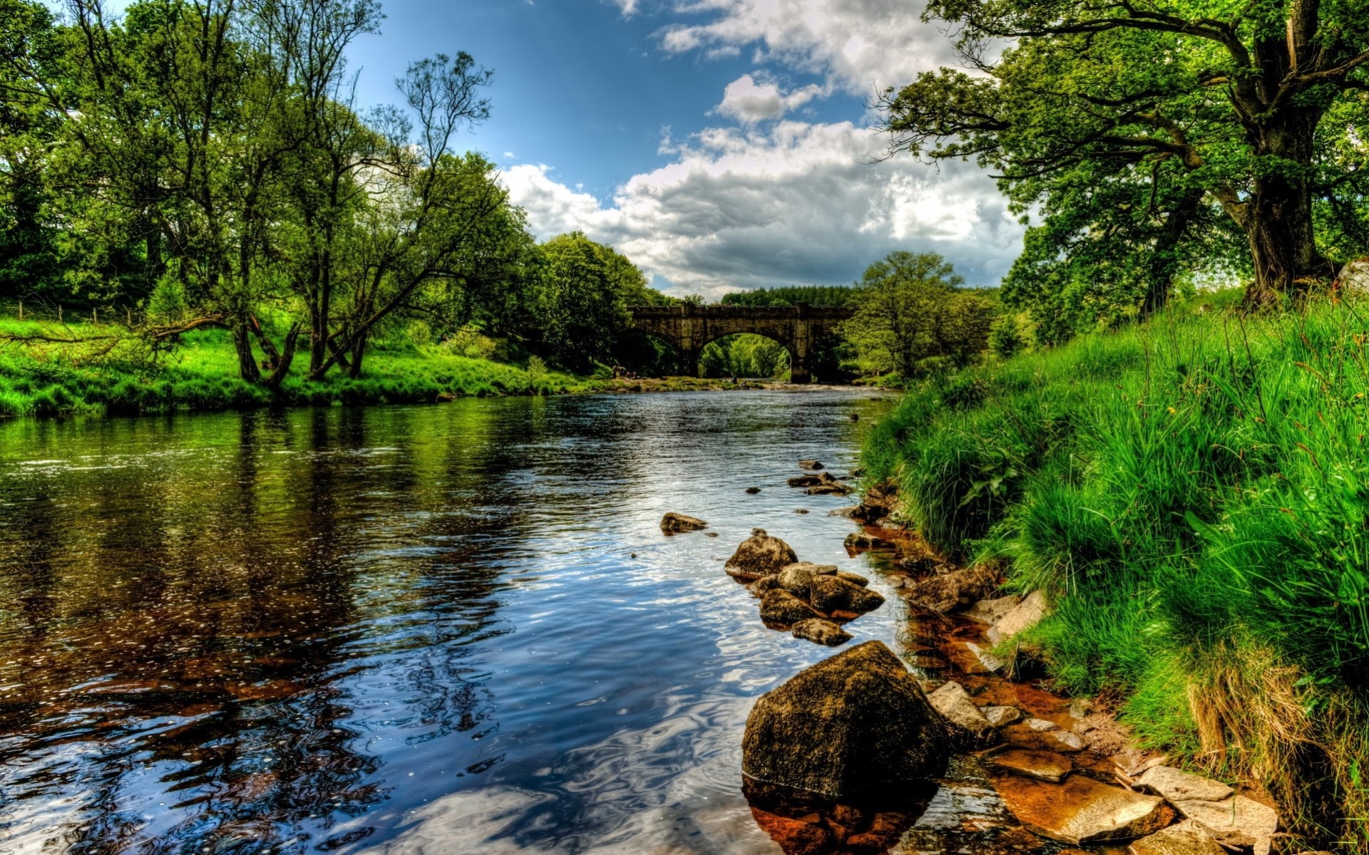 fluss wolken bäume gras wasser himmel