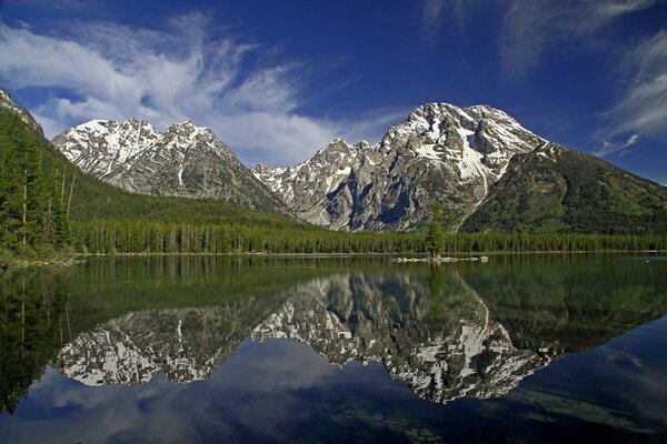 Snowy mountains are reflected in the lake