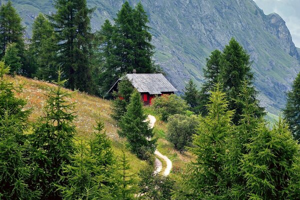 Paisaje de la casa con el camino en el fondo de las montañas