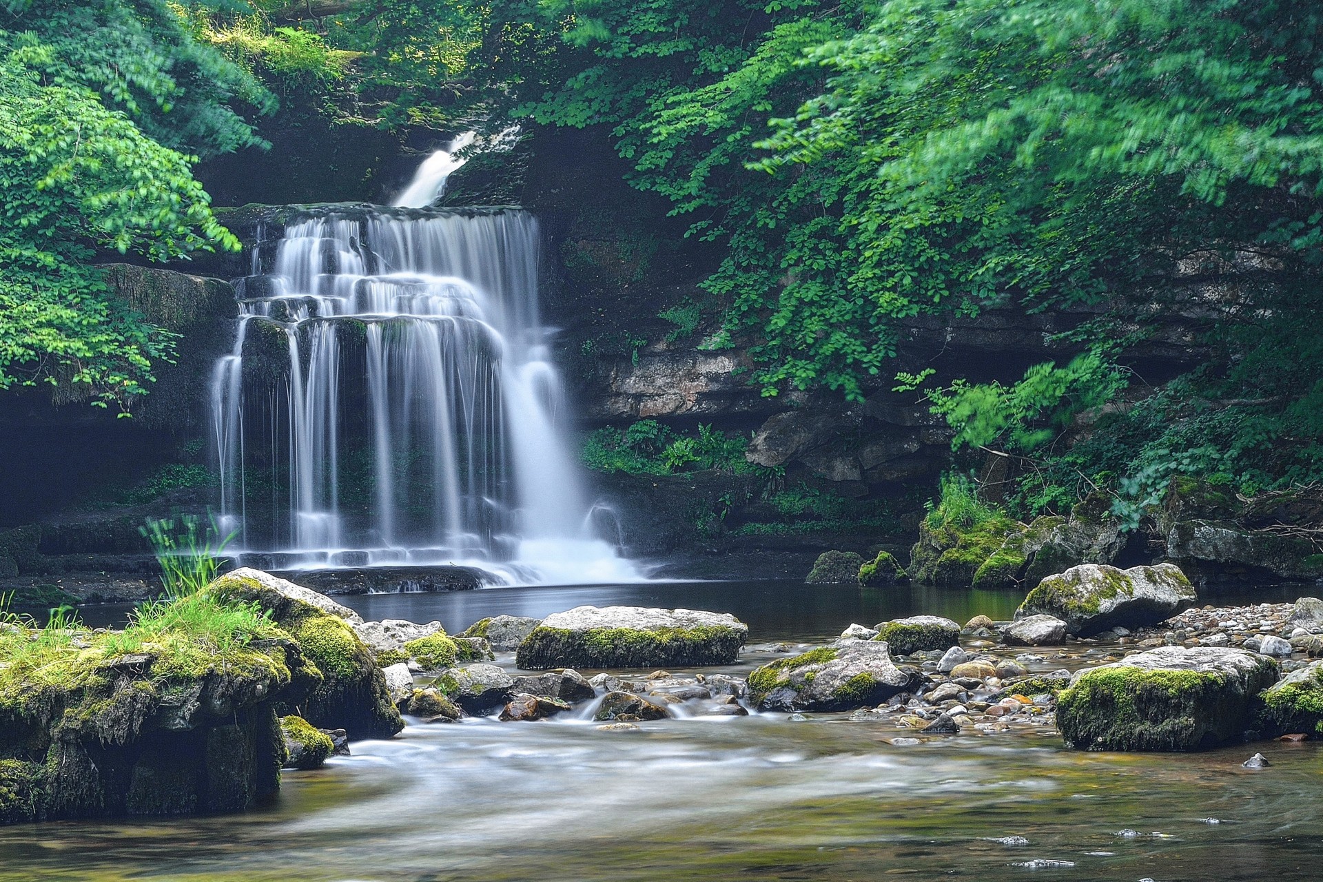 piedras cascada río naturaleza árboles rocas