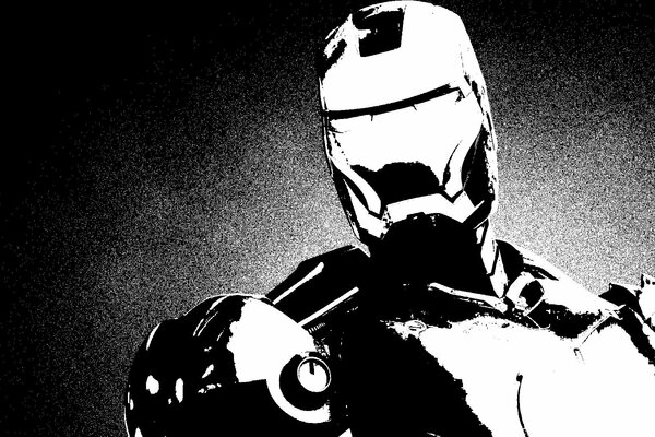 Iron Man dans un casque et une armure noir et blanc