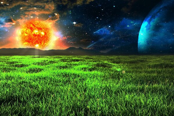 3d image of the blazing sun near the lush green grass