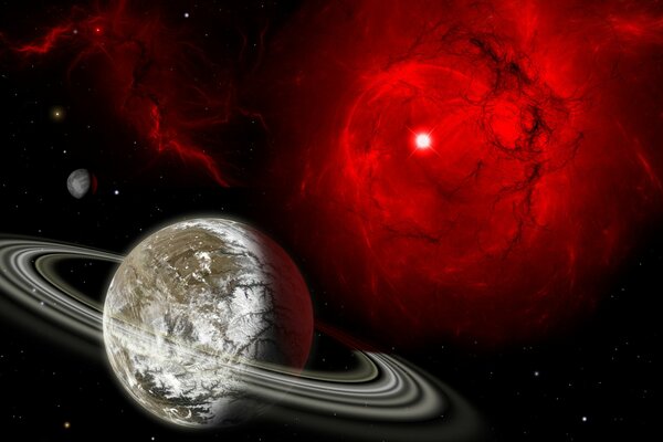 Planète Saturne sur fond rouge foncé