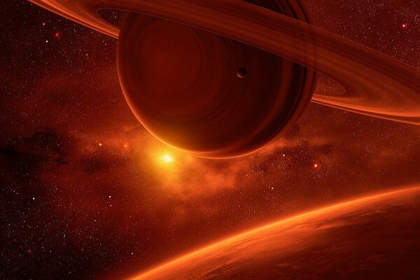 Space. A planet with rings. Red glow