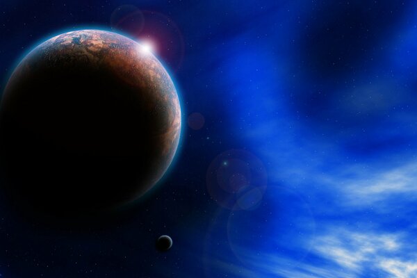 Planeta borroso en el fondo de la nebulosa azul