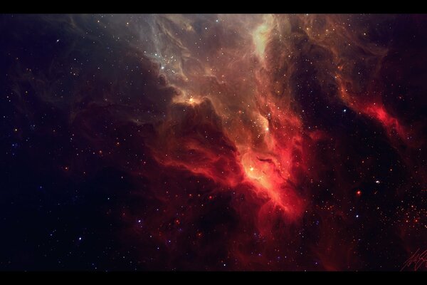 Fantastic red clouds in the starry sky