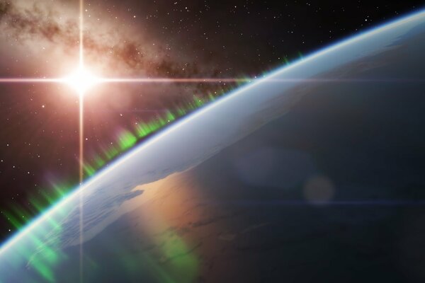 Sonnenstrahl auf dem Hintergrund der Erde im Weltraum