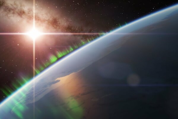 A sunbeam on the background of the Earth in outer space