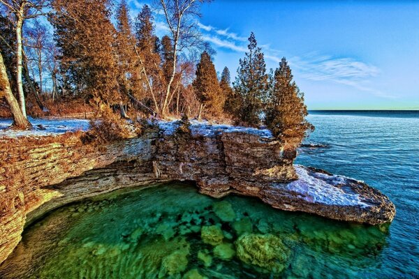 Transparent lake rocky shore