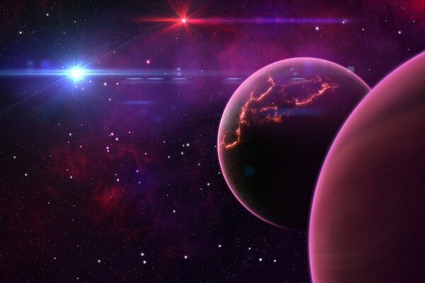 Planets in outer space with a pink tint